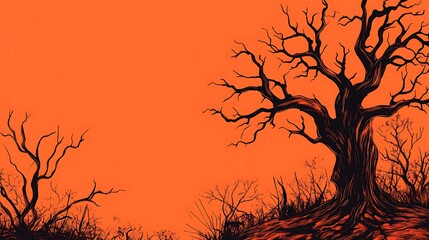 Silhouettes of Trees Against an Orange Sky