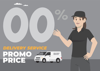 expedition delivery service woman with promotion discount price campaign standing in front car