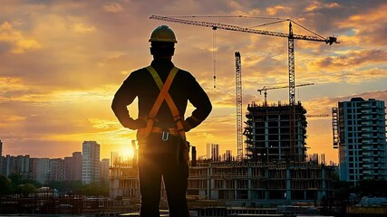 Silhouette of a construction worker standing on a rooftop overlooking a city skyline with a crane and a building under construction at sunset.