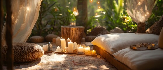Serene Healing Space with Candles and Natural Ambiance