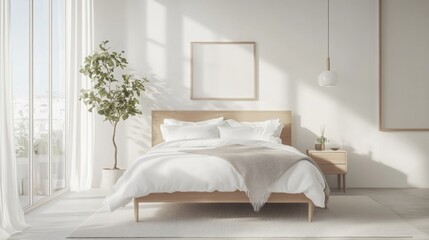 A bedroom with white walls, a large window with sheer curtains, a potted plant, and a bed with white sheets, a gray throw, and two pillows