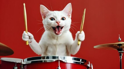 White cat playing drums with sticks, with an open mouth, and a red background.