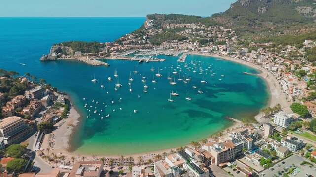 Aerial view of the summer resort town Port de Soller on Mallorca, Spain