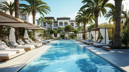 Fototapeta premium Luxury hotel pool surrounded by palm trees, cabanas, and elegant loungers, offering a tranquil atmosphere