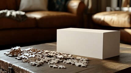 Puzzle Box Mockup: A blank, white jigsaw puzzle box sits on a wooden coffee table, surrounded by scattered puzzle pieces, creating a captivating scene of anticipation and unfinished business.  