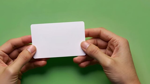 Hands Holding Blank White Business Card Against Green Background

