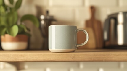Fototapeta premium Simple Kitchen Mug Mockup: A sleek, minimalist grey mug sits on a wooden counter, ready for your design. The blurred backdrop of a modern kitchen adds a touch of homey warmth.