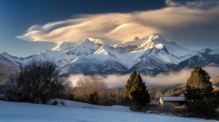 Fototapeta premium Majestic snow-capped mountains shrouded in mystery, with swirling clouds above in a peaceful winter wonderland