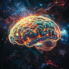Fototapeta premium A colorful brain with a starry background. The brain is surrounded by a galaxy of stars, and the colors of the brain are vibrant and bright. Concept of wonder and curiosity about the brain