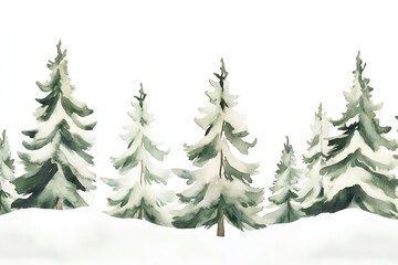 Obraz premium Minimalist watercolor fir trees with snow, soft green and white tones, airy composition, seamless repeat
