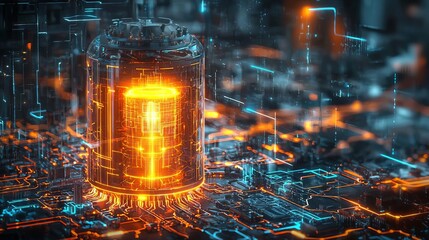 Nuclear battery technology Abstract visualization of a glowing nuclear power source, energy flows surrounding the battery, no face, concept art, digital painting