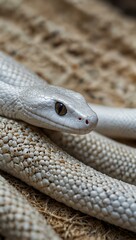 Fototapeta premium Peaceful close-up view of a white snake resting on textured material.