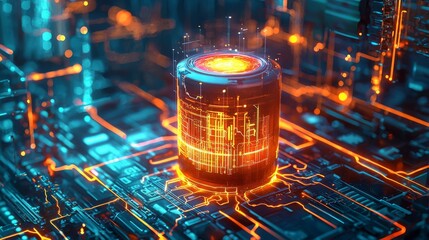 Nuclear battery technology Abstract visualization of a glowing nuclear power source, energy flows surrounding the battery, no face, concept art, digital painting