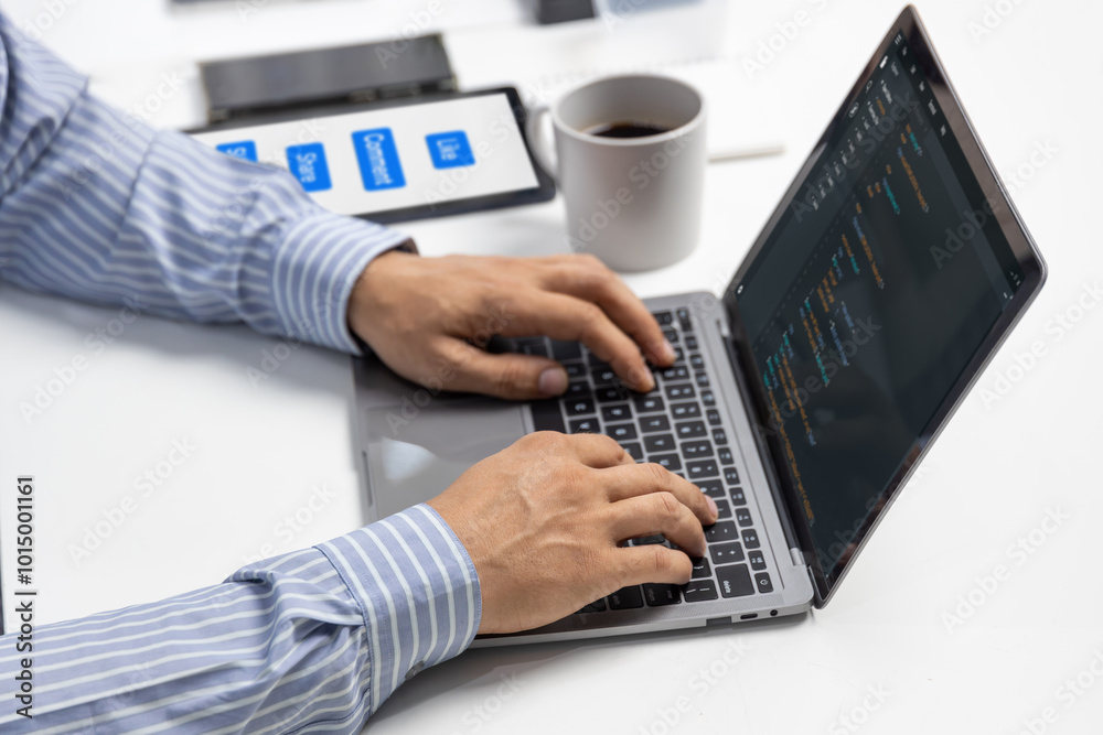 Poster hand focus of it developer man coding on laptop screen, creating social media website system of like