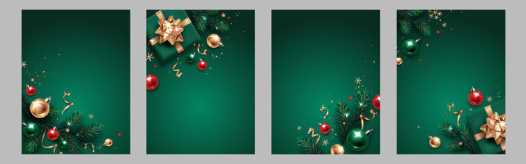 Set of vertical banners with gold, green and red Christmas symbols and text. Christmas tree, gift, balls, golden tinsel confetti and snowflakes on a green background. Luxury background.
