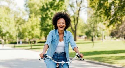 Obraz premium Happy Woman Riding a Bike in the Park