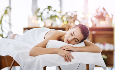 Skincare, massage and retreat with woman at spa for relax therapy, zen and beauty treatment. Detox,...