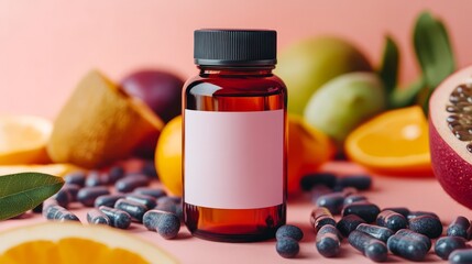 A mockup of a health supplement bottle with a blank label, set against a fresh fruit backdrop, ideal for wellness product marketing