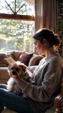 Femme lisant un livre avec son petit chien sur les genoux