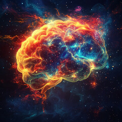 Obraz premium A colorful brain with a starry background. The brain is surrounded by a galaxy of stars, and the colors of the brain are vibrant and bright. Concept of wonder and curiosity about the brain