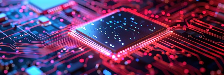 Close-up view of a microchip on a red circuit board illuminated by neon lights. The intricate electronic components and circuits are highlighted.