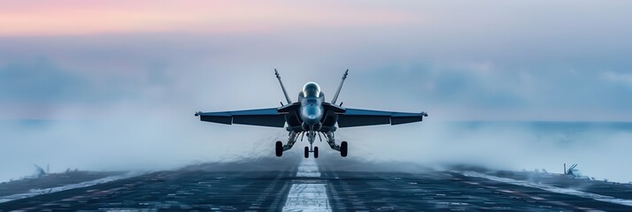 A military jet fighter launching from an aircraft carrier at sunrise. The plane ascends through mist with a dynamic motion, captured against the backdrop of a calm ocean.