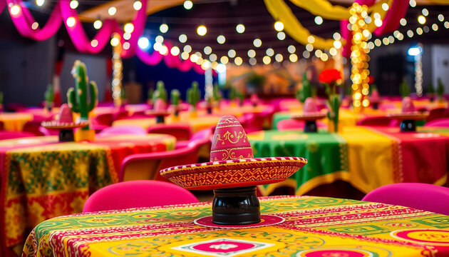 Vibrant Mexican restaurant interior with colorful tablecloths, sombreros, and glowing string lights creating a festive atmosphere. Ideal for celebrations and cultural events.

