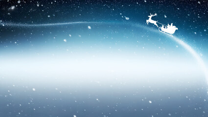 Naklejka premium Santa Claus sleigh silhouette flying across starry night sky with snow