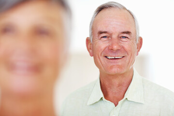 Home, senior man and happy in portrait for retirement, comfort and laughing with positive attitude. Elderly couple, male person and old woman in marriage for commitment, connection and smile in house