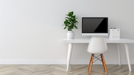 A minimalist home office setup featuring a desktop computer, white chair, potted plant, and organized files on a clean, white desk. The setting is calm and modern.