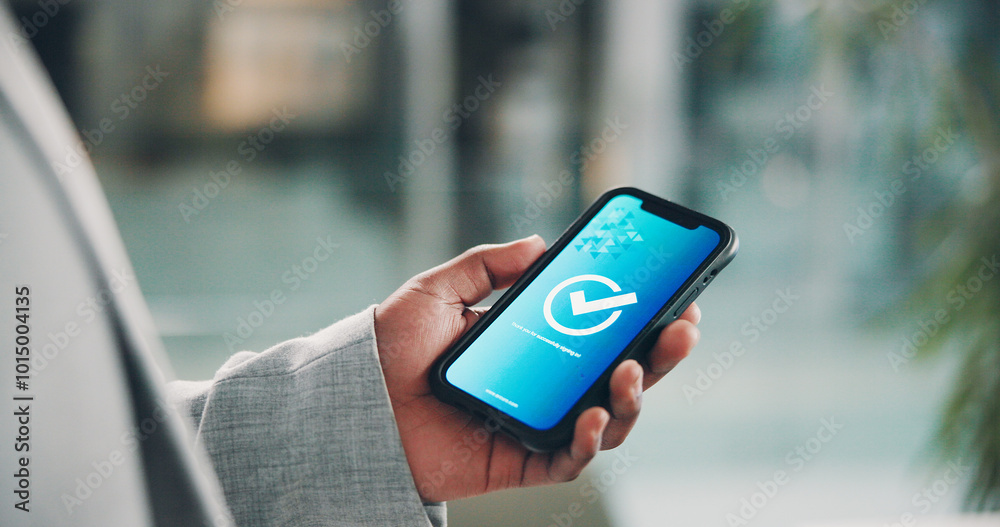 Poster Hand, display and person in office, smartphone and screen of sent message, complete and communication. Sign, online and event planner with mobile for information, app and connection for project