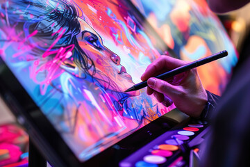 Artist using a graphics tablet and stylus to create vibrant digital artwork on screen