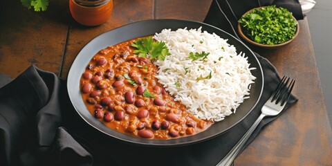 a bowl of beans and rice on a table