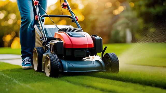 Lawn Mower in Action on Freshly Cut Grass in a Garden

