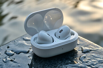 White Wireless Earbuds in Charging Case on Wet Surface