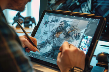 Creative process, artist sketching digital characters on a tablet, surrounded by virtual tools