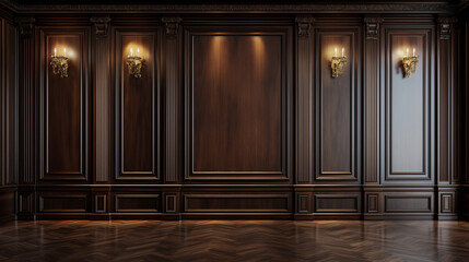 A brown wainscoting wall design, wood wall panels, a classic interior and luxurious moldings on an empty background.