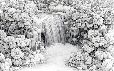 Monochrome winter waterfall amidst frozen floral landscape