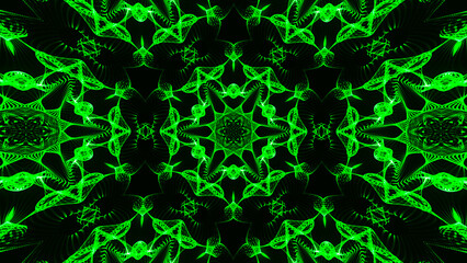 Abstract beautiful multicolor kaleidoscopic background. Psychedelic green geometric shapes. Beautiful multicolor kaleidoscopic texture. Unique kaleidoscope design.
