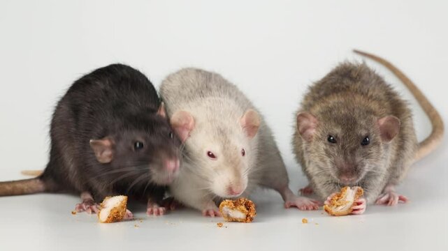 Three colored rats isolated on white background. Mice eat crackers