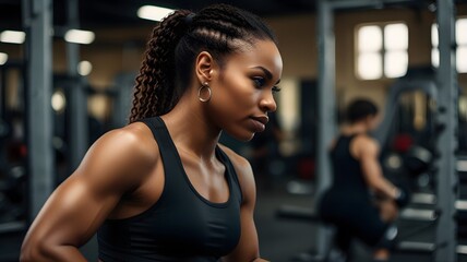 Fototapeta premium Strong Fit Black Female Fitness Woman trains in the Gym
