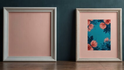 Fototapeta premium Pink and blue abstract floral mockup with an empty frame