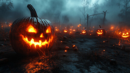 Naklejka premium Halloween pumpkin in the forest. Halloween bright pumpkin lantern.