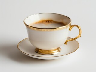 A white coffee cup with a glossy finish, filled with hot coffee on a white background