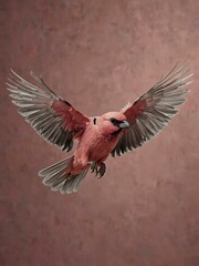 Fototapeta premium Pink bird flying with outstretched wings and a tilted head.
