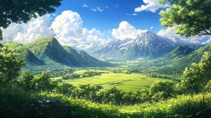 Fototapeta premium Mountain landscape with green meadows and blue sky. Anime style 