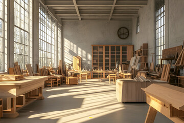 Spacious Sunlit Workshop Interior - 3D Illustration
