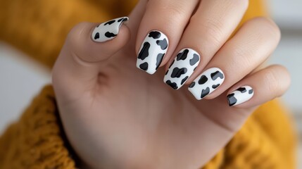 Stylish Cow Print Nail Art on Woman's Hand - Trendy Manicure Design for Fashionable Nail Enthusiasts