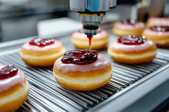 Automated Doughnut Glazing Process: Modern Bakery Conveyor with Cherry-Topped Treats Highlighting Efficiency and Precision