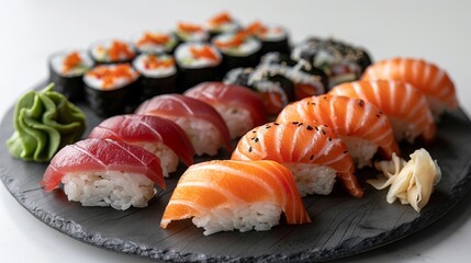Artful display of sushi types including dragon rolls, avocado maki, and eel nigiri on a modern black plate, set against a bright white backdrop